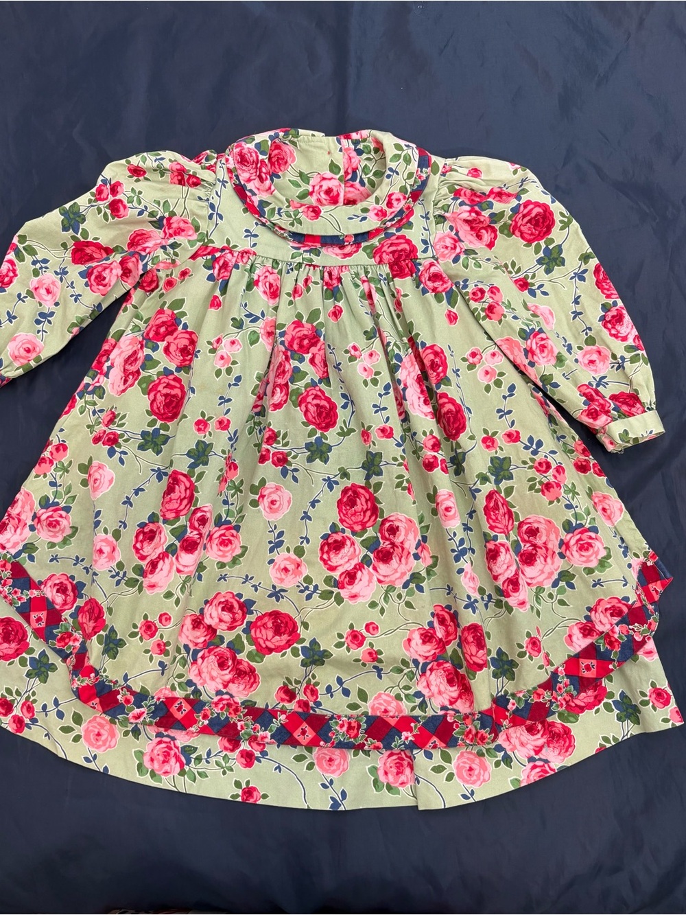 Vintage Mousefeathers Girls Green Floral Long-Sleeve Dress with Pink Rose Print